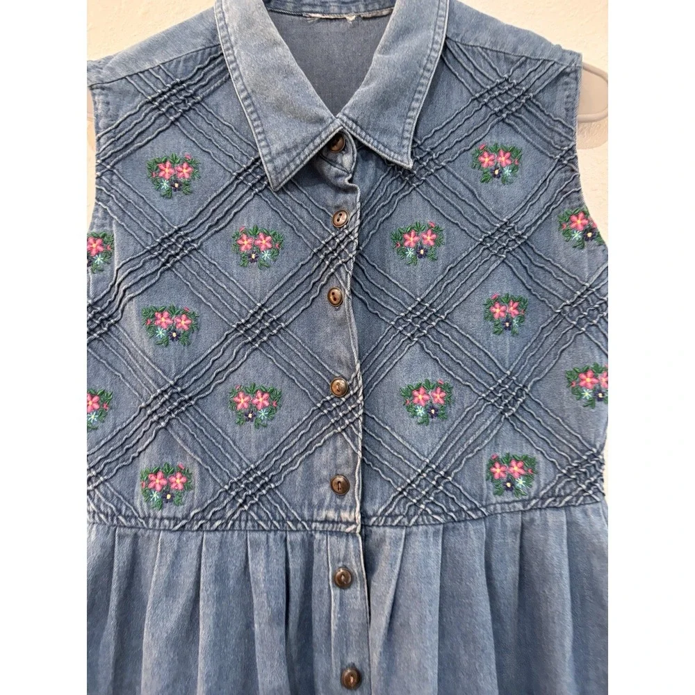 Vtg 90s Cottagecore Denim Maxi Dress Floral Embroidered Smocked Coquette L - Picture 4 of 13